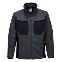Metal grey Portwest WX3 Softshell Jacket. Jacket has black chest pockets, side pockets and zip fasten. Black contrast on the chest and along the sides.