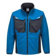 Persian Blue Portwest WX3 Softshell Jacket. Jacket has black chest pockets, side pockets and zip fasten. Black contrast on the chest and along the sides.