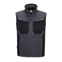 Metal grey Portwest WX3 Softshell Gilet. Bodywarmer has black chest pockets, side pockets and zip fasten. Black contrast on the chest and along the sides.
