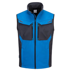 Persian blue Portwest WX3 Softshell Gilet. Bodywarmer has black chest pockets, side pockets and zip fasten. Black contrast on the chest and along the sides.