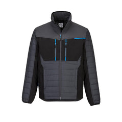 Metal grey Hybrid Baffle Jacket with black chest and blue zips
