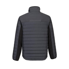 Metal grey Hybrid Baffle Jacket with black chest and blue zips