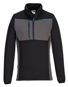 Portwest WX3 Half Zip Tech Fleece in black with collar and grey panels on chest and sides, blue zip and zip pulls and blue piping in corner. 