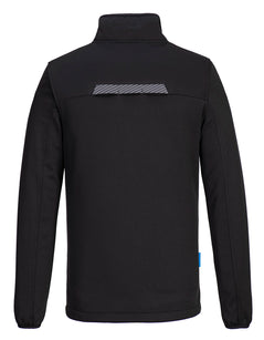 Back of Portwest WX3 Half Zip Tech Fleece in black with collar and grey panels on sides and reflective tape on panel on back.