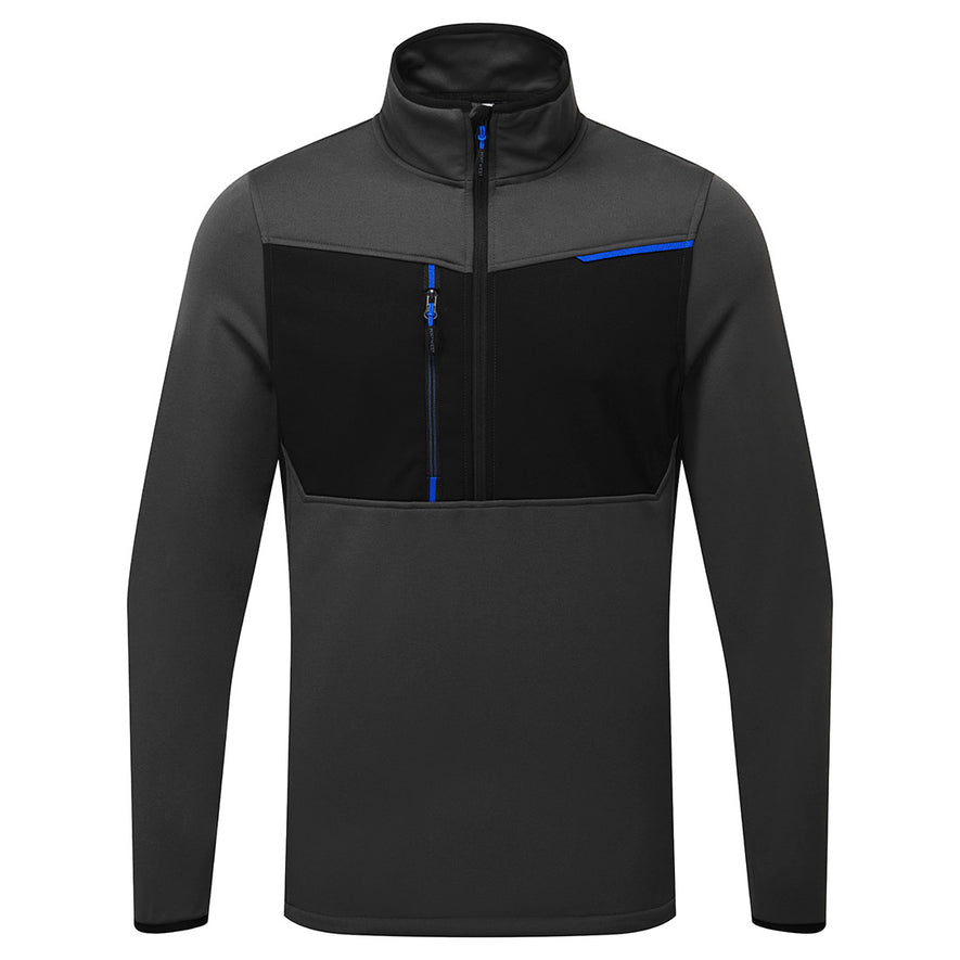 Portwest WX3 Half Zip Tech Fleece in grey with collar and black panels on chest and sides, blue zip and zip pulls and blue piping in corner. 