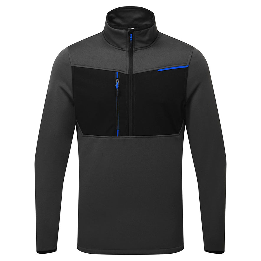 Portwest WX3 Half Zip Tech Fleece in grey with collar and black panels on chest and sides, blue zip and zip pulls and blue piping in corner.