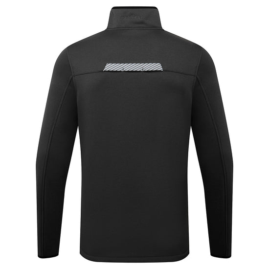 Back of Portwest WX3 Half Zip Tech Fleece in grey with collar and black panels on sides and reflective tape on panel on back.
