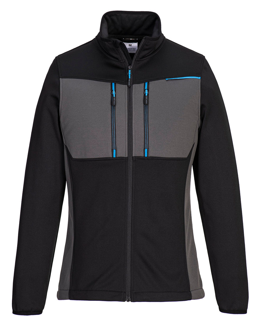 Portwest WX3 Full Zip Tech Fleece in black with collar and grey panels on chest and sides, blue zips on chest and zip pulls and blue piping in corner. 