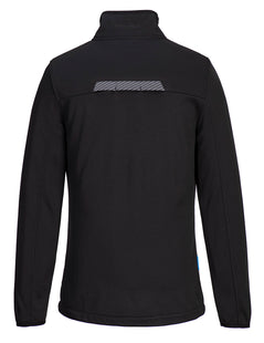 Back of Portwest WX3 Full Zip Tech Fleece in black with collar and grey panels on sides and reflective tape on panel on back.