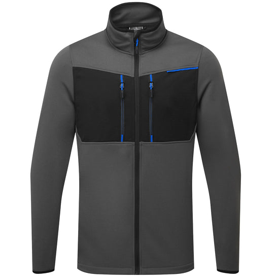 Portwest WX3 Full Zip Tech Fleece in grey with collar and black panels on chest and sides, blue zips on chest and zip pulls and blue piping in corner. 