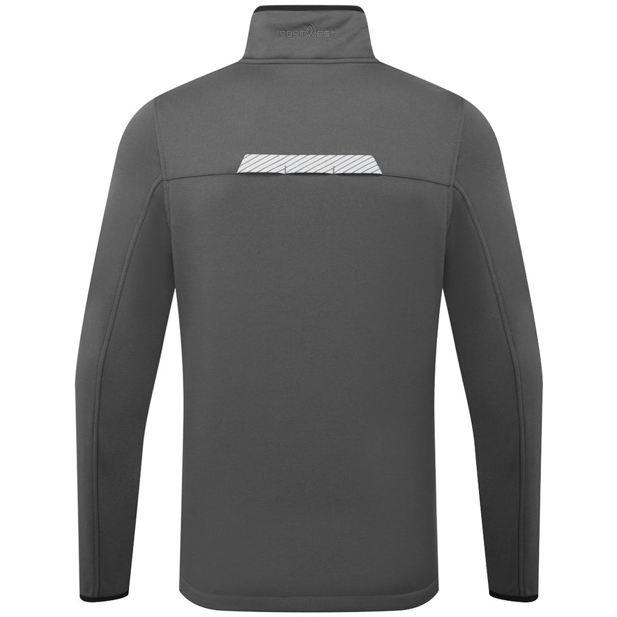 Back of Portwest WX3 Full Zip Tech Fleece in grey with collar and black panels on sides and reflective tape on panel on back.
