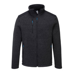 Grey KX3 performance fleece. Fleece has chest and side pockets with blue accent on the zip pull.