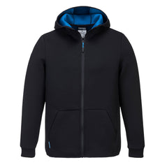Black KX3 Technical Fleece hooded jacket. Fleece has front pockets and a contrasting blue hood.