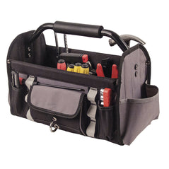 Black Portwest open tool bag. Bag as grey accents on the sides and on the pockets. Bag has no consignment meaning the tools are accessible at all times.