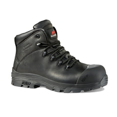 Black Safety Boot with laces, sole, scuff cap, heel cap, ankle support and stitching pattern on side. Rock Fall branding on tongue.