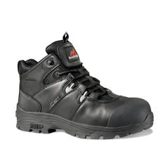 Black Safety Boot with laces, sole, scuff cap, heel cap, ankle support and stitching and reflective pattern on side. Rock Fall branding on tongue.