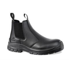 Black Chelsea Safety Boot with sole, pull tabs on high ankle, elasticated panel on side of ankle and stitching on side.