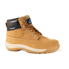Honey Safety Boot with laces, sole, black ankle support, stitching on side and ProMan branding on side and tongue.
