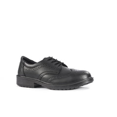 Black Brogue Safety Shoe with laces, sole and stitching patterns on top and side.