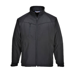 Black Portwest Oregon Softshell jacket. Jacket has a zip chest pocket and two zip side pockets.