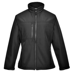 Black Ladies Softshell with long sleeves, full zip fastening, collar and zipped pockets on chest and lower sides.