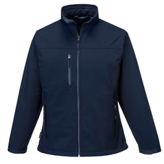 Navy Ladies Softshell with long sleeves, full zip fastening, collar and zipped pockets on chest and lower sides.
