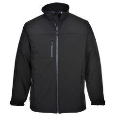 Black Portwest shoftshell Jacket. Jacket is full zip fasten and has zip pockets on the side and chest.