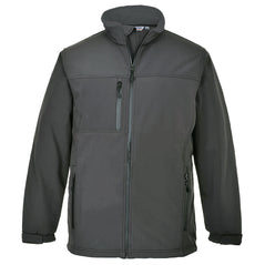 Grey Portwest shoftshell Jacket. Jacket is full zip fasten and has zip pockets on the side and chest.