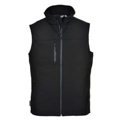 Black Portwest shoftshell bodywarmer gilet. Gilet is full zip fasten and has zip pockets on the side and chest.