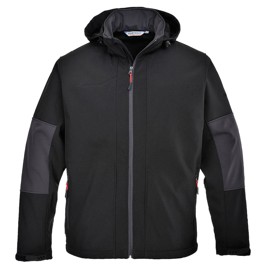 Black Portwest shoftshell Jacket with hood. Jacket is full zip fasten and has zip pockets on the side. Jacket also has a visible hood and elbow pad pockets.