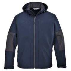 Navy Portwest shoftshell Jacket with hood. Jacket is full zip fasten and has zip pockets on the side. Jacket also has a visible hood and elbow pad pockets.