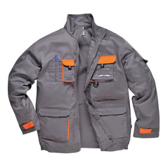 Grey portwest Texo Contrast Jacket. Jacket has pockets on the front waist, Chest and midrift of the jacket. One phone pocket and one pen pocket with an ID badge holder on the left. Orange contrast on the flaps and sides of the pockets.