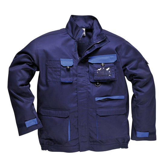 Navy portwest Texo Contrast Jacket. Jacket has pockets on the front waist, Chest and midrift of the jacket. One phone pocket and one pen pocket with an ID badge holder on the left. royal blue contrast on the flaps and sides of the pockets.