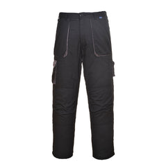 Black Portwest Texo Contrast trouser. Trouser has pockets on the sides adn cargo style trousers on the lower knee. Trousers have grey contrast on the sides of the pockets and cargo pocket flaps.