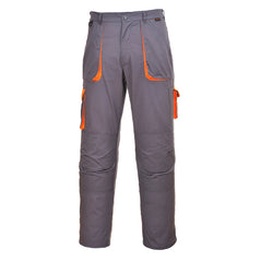 Grey Portwest Texo Contrast trouser. Trouser has pockets on the sides and cargo style trousers on the lower knee. Trousers have orange contrast on the sides of the pockets and cargo pocket flaps.