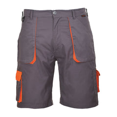 Grey Portwest Texo Contrast Shorts. Shorts have side pockets and cargo style pockets. Pockets have orange contrast on the sides and flaps of pockets.