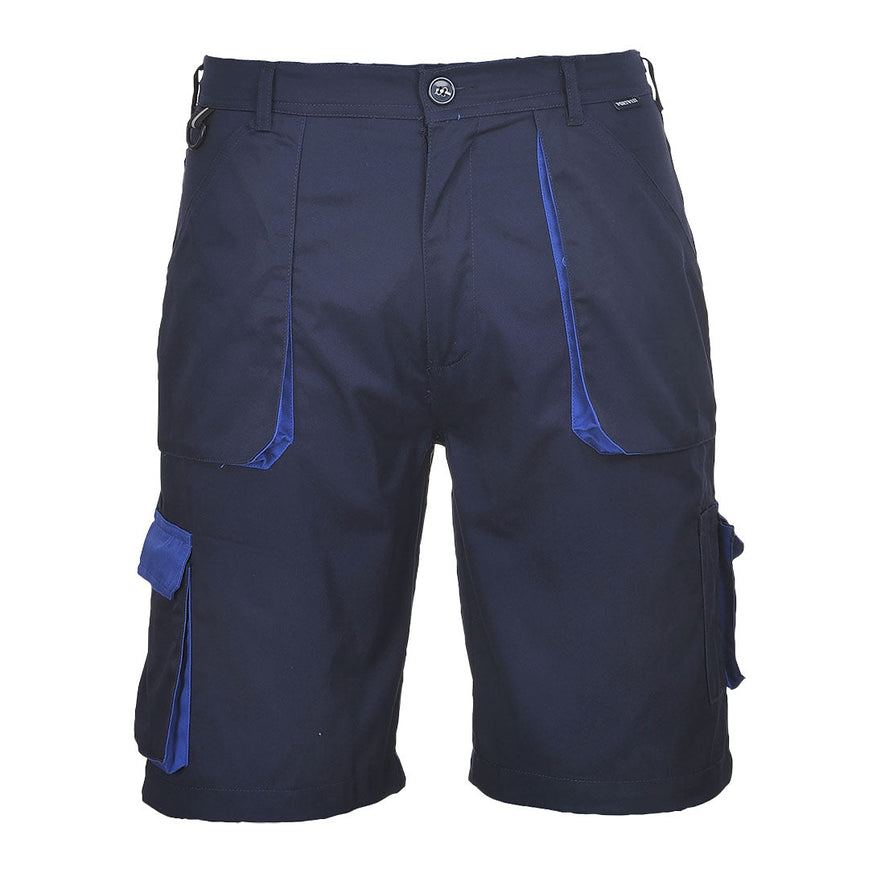 Navy Portwest Texo Contrast Shorts. Shorts have side pockets and cargo style pockets. Pockets have Royal Blue contrast on the sides and flaps of pockets.