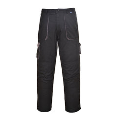 Black Portwest Texo Contrast lined trouser. Trouser has pockets on the sides adn cargo style trousers on the lower knee. Trousers have grey contrast on the sides of the pockets and cargo pocket flaps.