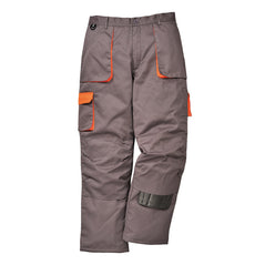 Grey Portwest Texo Contrast lined trouser. Trouser has pockets on the sides adn cargo style trousers on the lower knee. Trousers have orange contrast on the sides of the pockets and cargo pocket flaps.