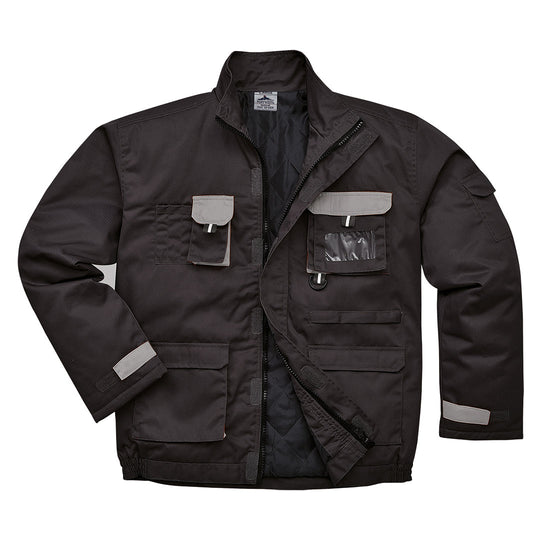 Black portwest Texo lined Contrast Jacket. Jacket has pockets on the front waist, Chest and midrift of the jacket. One phone pocket and one pen pocket with an ID badge holder on the left. Grey contrast on the flaps and sides of the pockets.