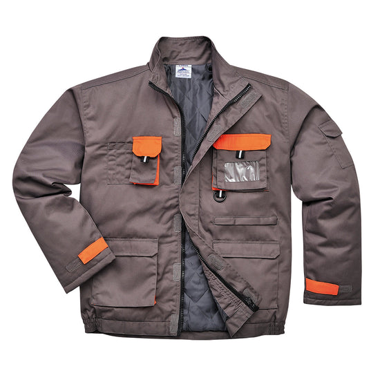 Grey portwest Texo lined Contrast Jacket. Jacket has pockets on the front waist, Chest and midrift of the jacket. One phone pocket and one pen pocket with an ID badge holder on the left. Orange contrast on the flaps and sides of the pockets.