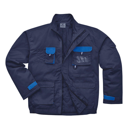 Navy portwest Texo lined Contrast Jacket. Jacket has pockets on the front waist, Chest and midrift of the jacket. One phone pocket and one pen pocket with an ID badge holder on the left. Royal Blue contrast on the flaps and sides of the pockets.