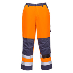 Orange Hi-Vis Lyon contrast Trouser with reflective strips on the ankles and navy contrast on the bottom of the legs, Kneepad and waistline. Trousers also have cargo pocket on the side.