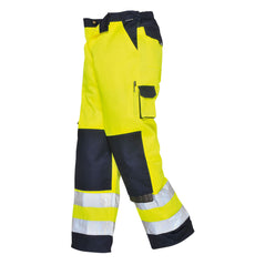 Yellow Hi-Vis Lyon contrast Trouser with reflective strips on the ankles and navy contrast on the bottom of the legs, Kneepad and waistline. Trousers also have cargo pocket on the side.