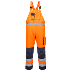 Orange and navy hi vis Dijon bib and brace. Bib and brace has a cargo pocket, large chest pocket, hi vis chest and ankle bands as well as navy two tone contrast on the knee pad, ankle and chest.