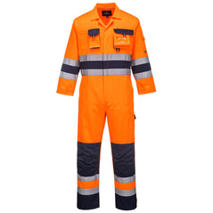 Portwest Hi Vis Nantes coverall. Coverall is in Orange with Navy accents on the bottom of the legs, kneepad area, body and sleeve. Coverall has hi vis waistbands, Arm bands and ankle bands. Leg pockets, Chest pocket, kneepad pockets and zip fasten.