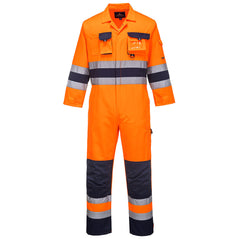 Portwest Hi Vis Nantes coverall. Coverall is in Orange with Navy accents on the bottom of the legs, kneepad area, body and sleeve. Coverall has hi vis waistbands, Arm bands and ankle bands. Leg pockets, Chest pocket, kneepad pockets and zip fasten. 