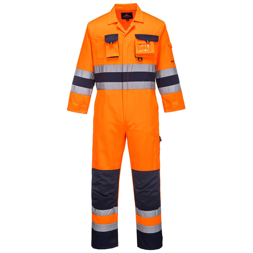 Portwest Hi Vis Nantes coverall. Coverall is in Orange with Navy accents on the bottom of the legs, kneepad area, body and sleeve. Coverall has hi vis waistbands, Arm bands and ankle bands. Leg pockets, Chest pocket, kneepad pockets and zip fasten.