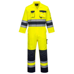 Portwest Hi Vis Nantes coverall. Coverall is in Yellow with Navy accents on the bottom of the legs, kneepad area, body and sleeve. Coverall has hi vis waistbands, Arm bands and ankle bands. Leg pockets, Chest pocket, kneepad pockets and zip fasten.