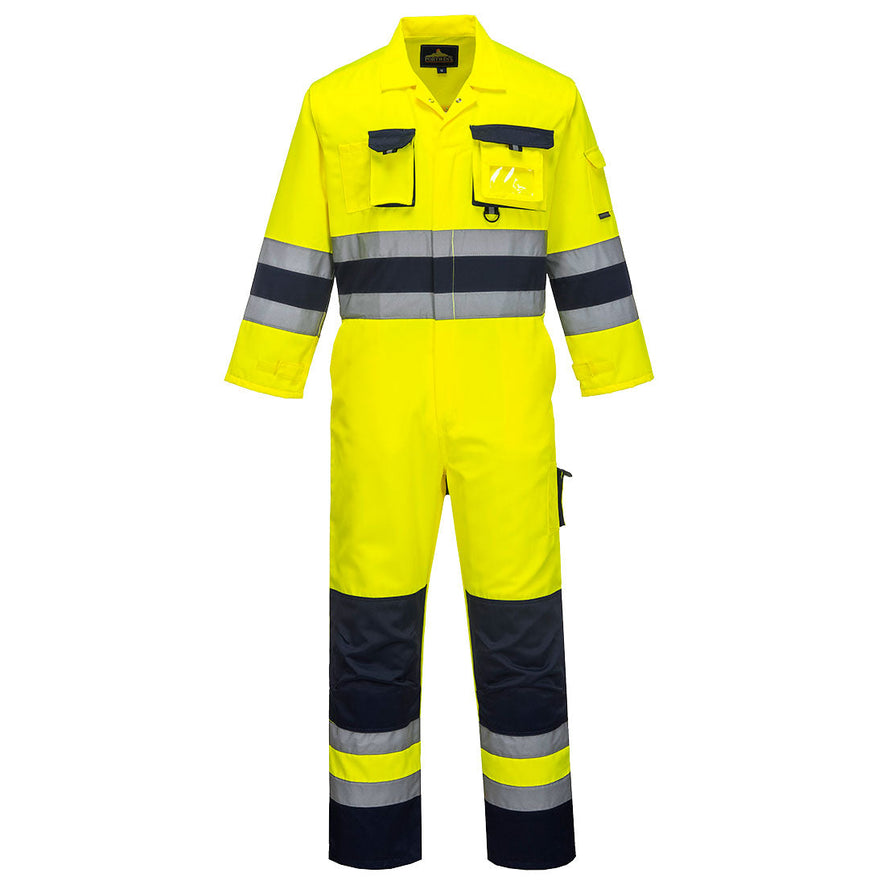 Portwest Hi Vis Nantes coverall. Coverall is in Yellow with Navy accents on the bottom of the legs, kneepad area, body and sleeve. Coverall has hi vis waistbands, Arm bands and ankle bands. Leg pockets, Chest pocket, kneepad pockets and zip fasten.